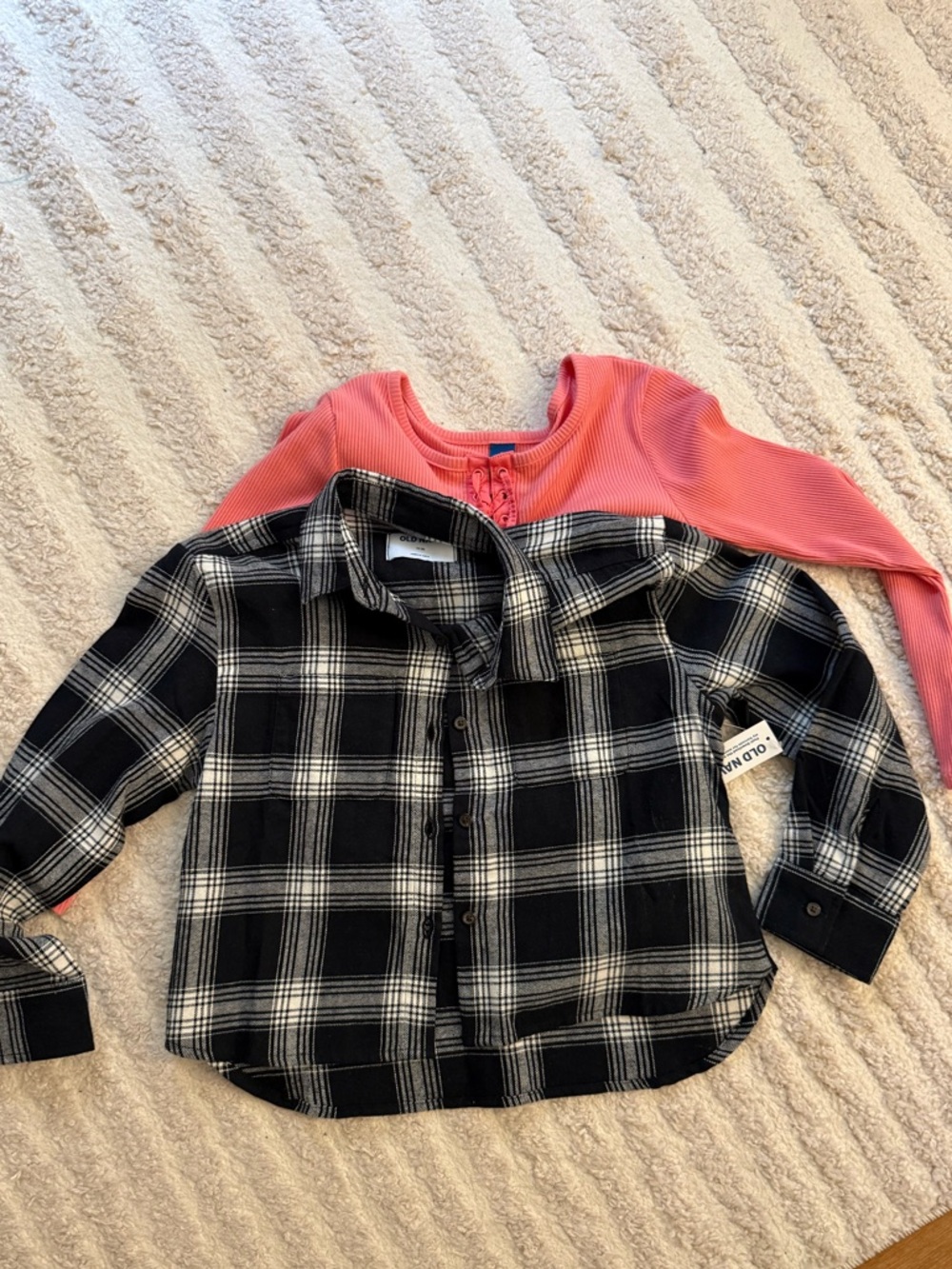 Old Navy Black & White Plaid Button-Down Shirt and Coral Long Sleeve Shirt